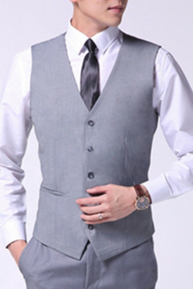 Modern Mens Vest Pure Color Sleeveless V-Neck Button Closure Regular Fitted Vest