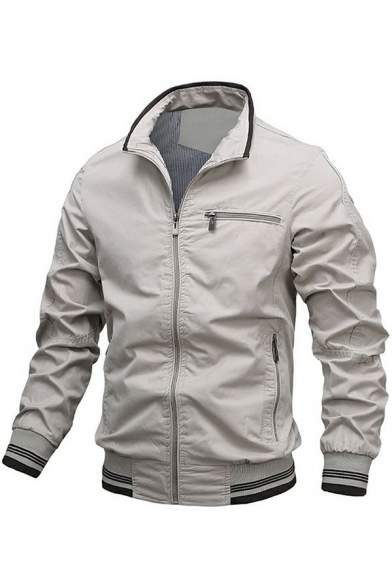 Pop Guy's Jacket Contrast Trim Elastic Cuffs Pocket Designed Stand Collar Relaxed Zip-up Jacket