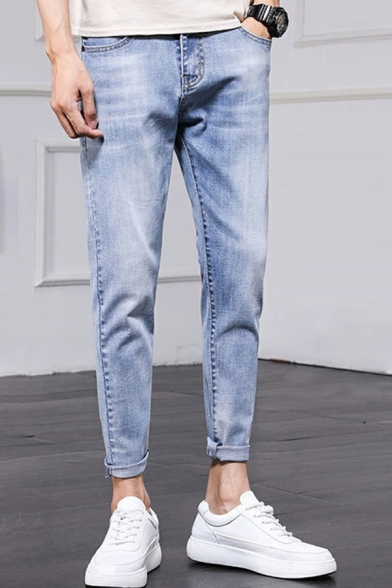 Pop Mens Plain Jeans Zipper Up Mid Waist Tapered Slim Fit Jeans