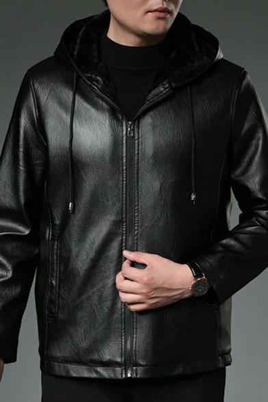 Popular Guys Jacket Plain Drawcord Long Sleeves Relaxed Fit Zipper Hooded PU Jacket