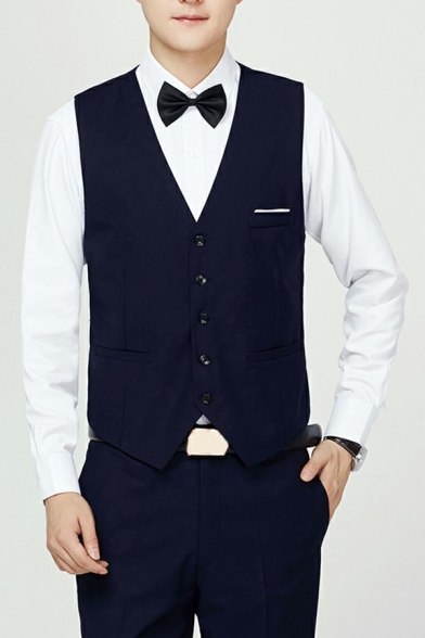 Popular Mens Suit Vest Solid Color Sleeveless V-Neck Pockets Detail Button Closure Slim Fit Suit Vest