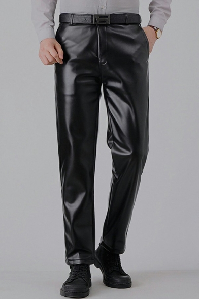 Retro Men's Pants Solid Color Side Pocket Full Ankle Straight Leather Pants
