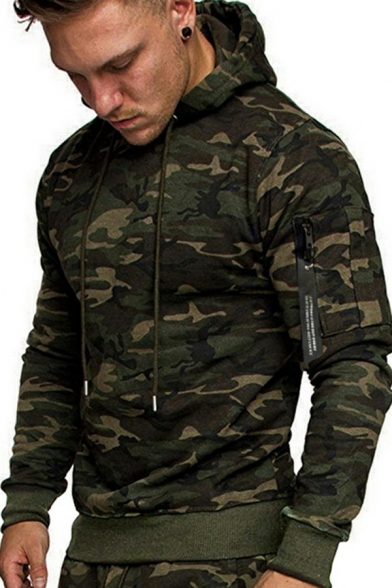 Sporty Hoody Camo Printed Drawstring Hooded Long-Sleeved Pocket Detailed Rib Cuffs Slim Fitted Hoody for Men