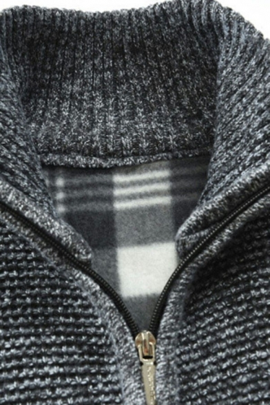Street Look Mens Knit Cardigan Color Block Splicing Zip Closure Stand Collar Regular Fitted Knit Cardigan