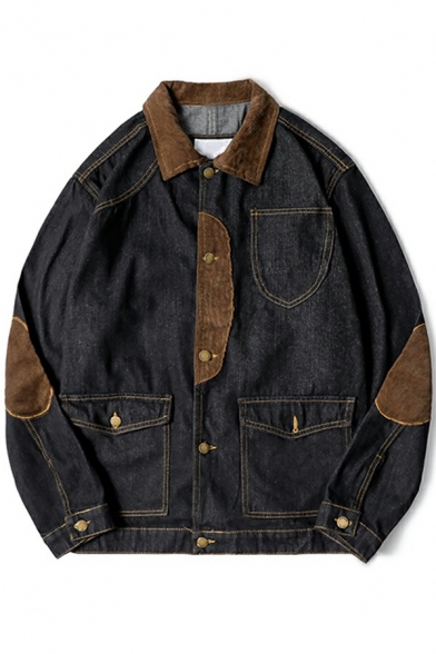 Stylish Contrast Panel Jacket Turn Down Collar Button Clolsure Multi-Pockets Loose Fit Denim Jacket for Men