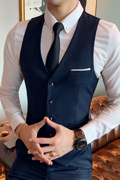 Trendy Mens Suit Vest Plain V-Neck Sleeveless Button Closure Breast Pocket Slim Fit Suit Vest