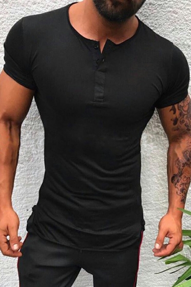 Basic Men Tee Shirt Pure Color Button Detailed Short-Sleeved Round Neck Slim Fit T-Shirt