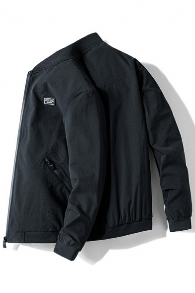 Basic Mens Baseball Jacket Solid Color Zip Closure Stand Collar Long-Sleeved Side Pockets Fitted Baseball Jacket