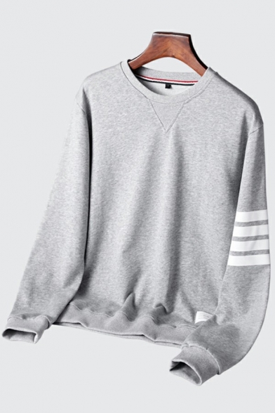 Basic Mens Sweatshirt Stripe Printed Long-Sleeved Crew Neck Rib Cuffs Loose Fit Sweatshirt