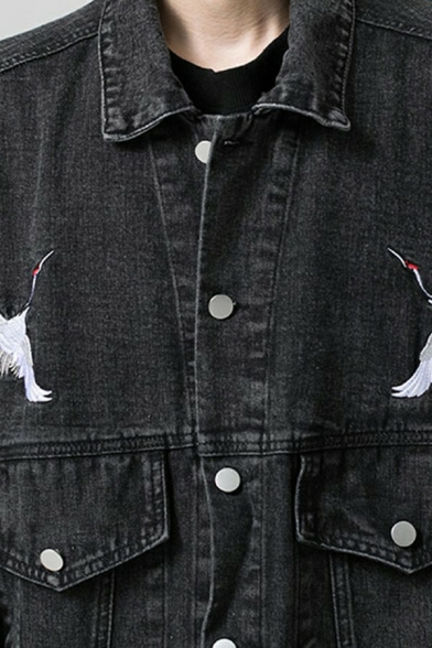 Boy's Creative Jacket Red-Crowned Crane Print Flap Pocket Turn-down Collar Long Sleeves Relaxed Denim Jacket