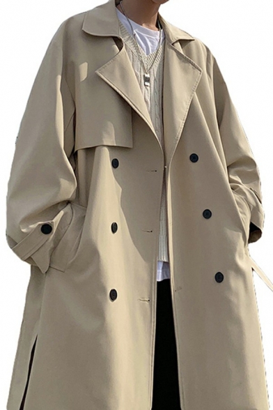 Boy's Street Look Coat Plain Long Sleeve Notched Collar Baggy Knee Length Double Breasted Trench Coat