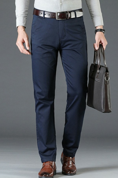 Comfy Mens Pants Plain Zip Placket Long Length Slim Fit Pocket Straight Pants