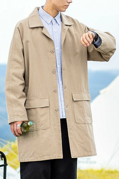 Cool Men Coat Pure Color Flap Pocket Lapel Collar Loose Long Sleeve Button Closure Trench Coat