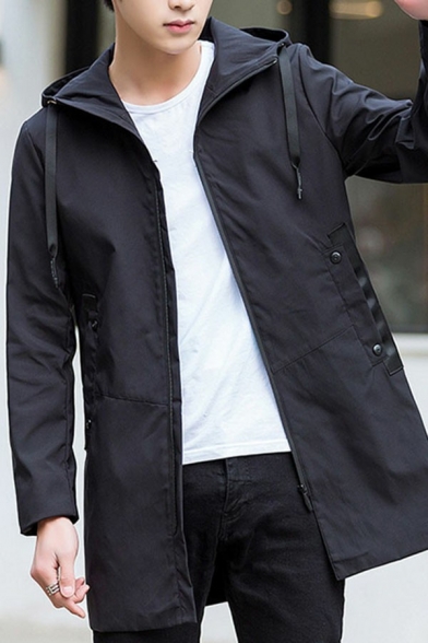 Cool Mens Coat Plain Drawstring Pocket Detailed Long Sleeves Slimming Zip Placket Hooded Trench Coat