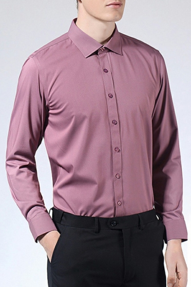 Cozy Mens Shirt Solid Color Lapel Collar Regular Fit Long Sleeve Button Front Shirt