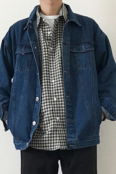 Dashing Mens Denim Jacket Pure Color Spread Collar Long-Sleeved Flap Pockets Relaxed Fit Denim Jacket