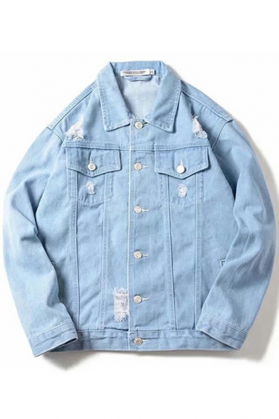 Dashing Mens Ripped Patched Jacket Long-Sleeved Spread Collar Button Closure Relaxed Fitted Denim Jacket