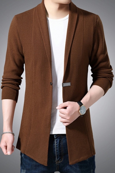 Elegant Cardigan Pure Color Asymmetric Hem Shawl Collar Long Sleeves Skinny Single Button Cardigan for Guys