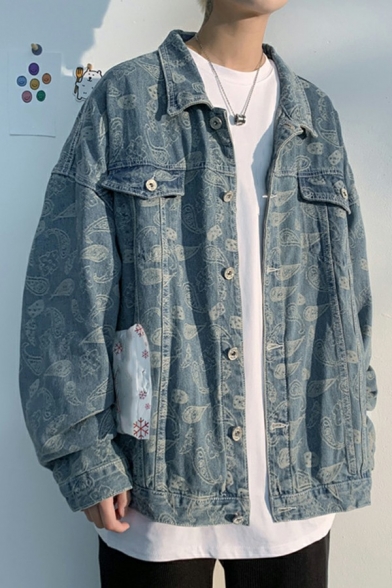 Fancy Jacket Paisley Patterned Single Breasted Long Sleeves Pocket Loose Denim Jacket for Guys