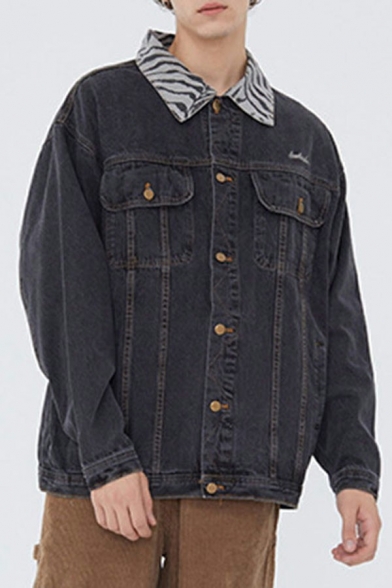 Fashionable Mens Denim Jacket Color Block Chest Pockets Spread Collar Long-Sleeved Loose Fit Denim Jacket