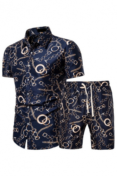 Freestyle Men's Set All Over Patterned Button Closure Fitted Shirt Drawcord Waist Shorts Set