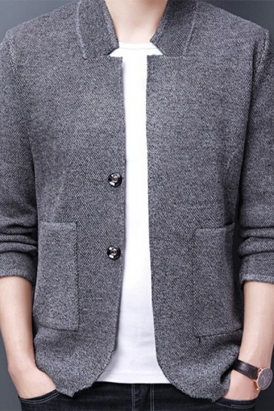 Guy's Trendy Cardigan Solid Color Pocket Designed Stand Collar Relaxed Long Sleeves Button Up Cardigan
