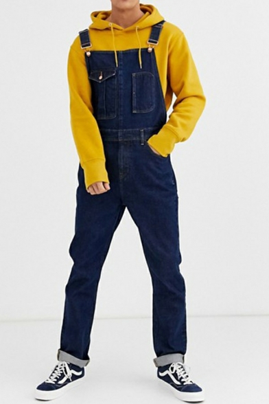 Guys Dashing Overall Pure Color Pocket Decoration Full Length Tight-Fit Denim Overall