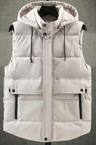 Guys Elegant Vest Solid Drawstring Detailed Sleeveless Relaxed Fit Hooded Zip Up Vest