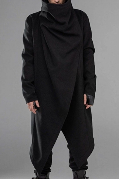 Guys Freestyle Trench Coat Solid Asymmetric Hem Long Length Baggy Trench Coat