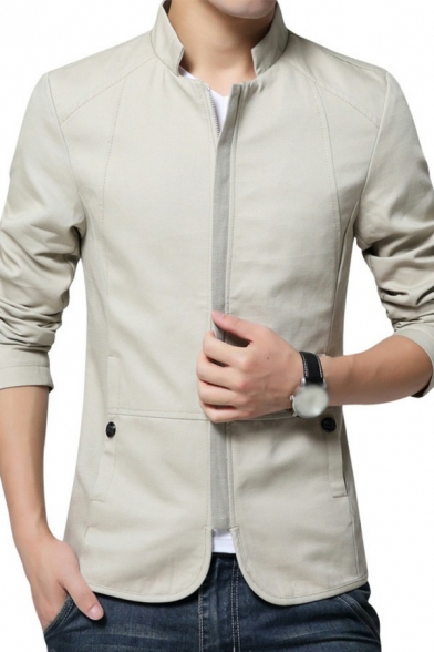 Leisure Jacket Plain Color Zip Closure Stand Collar Long-Sleeved Pockets Regular Fitted Jacket for Men