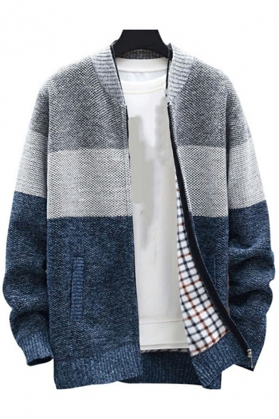 Leisure Mens Knit Cardigan Contrast Color Long Sleeved Collared Zip Closure Regular Fitted Knit Cardigan
