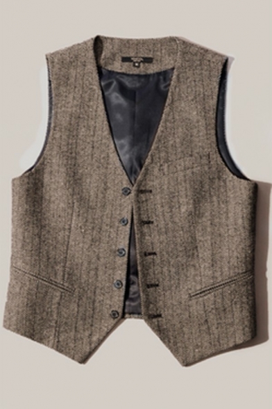 Men Formal Suit Vest Pure Color V-Neck Button Closure Pocket Fitted Suit Vest