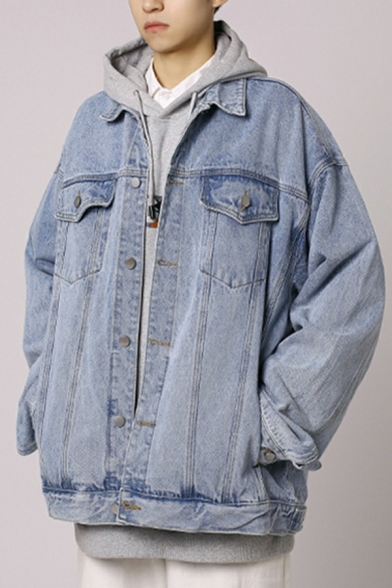 Mens Dashing Denim Jacket Solid Pure Spread Collar Long-Sleeved Flap Pockets Button Closure Loose Fitted Denim Jacket