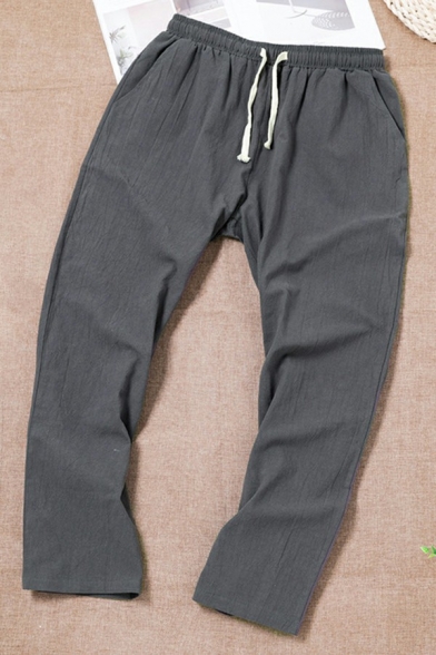 Mens Simple Pants Pure Color Front Pocket Full Length Drawcord Elastic Waist Pants