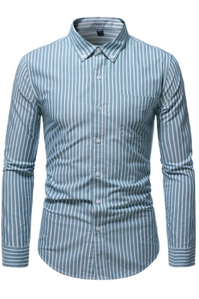 Modern Shirt Striped Print Point Collar Long Sleeves Slim Fit Button Closure Shirt for Guys