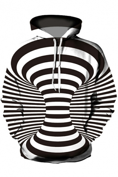 Novelty Mens Hoodie 3D Striped Pattern Long-Sleeved Baggy Round Collar Hooded Drawcord Hoodie