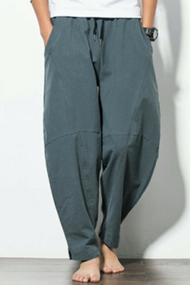 Oversized Mens Pants Pure Color Side Pocket Drawcord Waist Long Length Loose Pants
