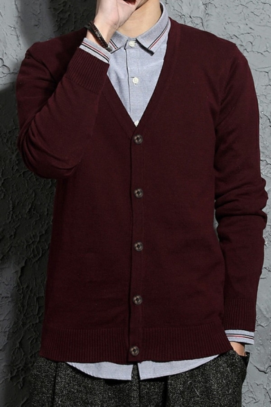 Popular Men's Cardigan Whole Colored Button Up V-Neck Long Sleeve Rib Cuffs Cardigan