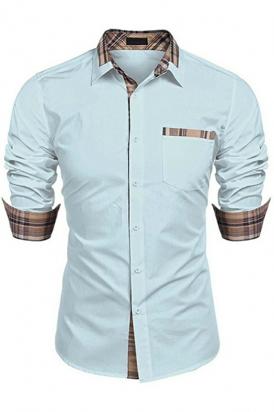 Popular Shirts Plaid Pattern Lapel Collar Long Sleeves Button Placket Slim Fitted Shirts for Mens