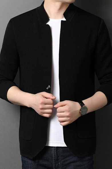 Simple Cardigan Pure Color Button-up Side Pocket Long Sleeve Regular Fitted Cardigan for Guys