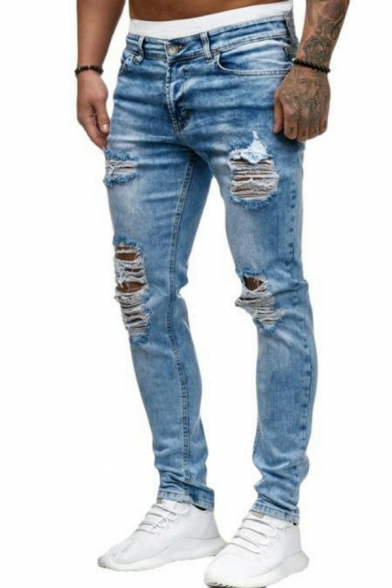 Street Look Men's Jeans Broken Hole Zip Closure Pockets Detail Skinny Fit Jeans