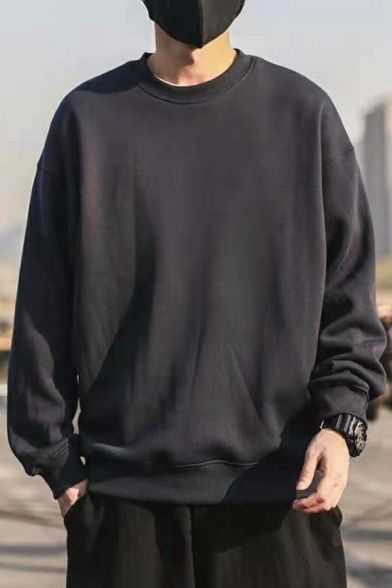 Street Look Sweatshirt Pure Color Long Sleeve Baggy Round Collar Sweatshirt for Boys