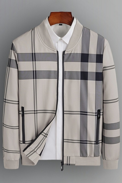 Stylish Jacket Plaid Print Pocket Designed Long Sleeve Stand Collar Regular Fitted Baseball Jacket for Boys