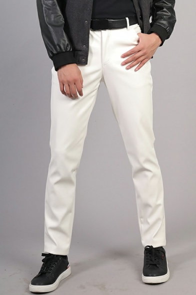 Stylish Mens Pants Plain Mid Rise Elastic Waist Zip Placket Slim Fitted Pants