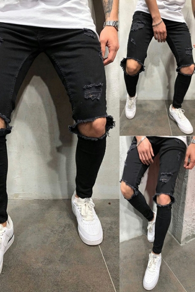 Stylish Plain Jeans Zipper Fly knee Cut Ankle Length Slim Fitted Jeans for Men