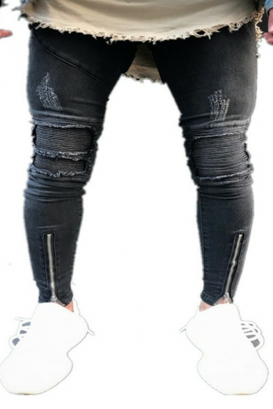 Trendy Plain Jeans Destroyed Zippered Vent Zip Closure Mid Rise Slim Cut Jeans for Mens