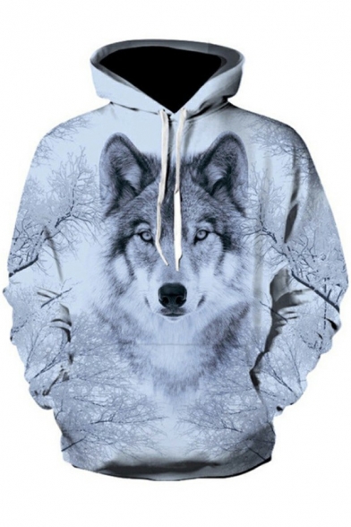 Unique Mens Hoodie 3D Wolf Print Kanga Pocket Long Sleeves Loose Fit Drawstring Hoodie