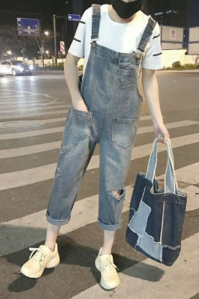 Basic Mens Denim Overall Solid Color Ripped Distressed Ankle Length Straight Fit Overall