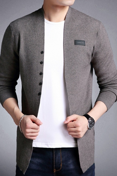 Boy's Hot Cardigan Solid Color Label Designed Long Sleeves Slimming Open Front Button Placket Cardigan