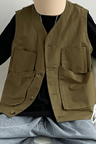 Boyish Vest Whole Colored V-Neck Button Fly Pocket Detail Oversized Vest for Guys